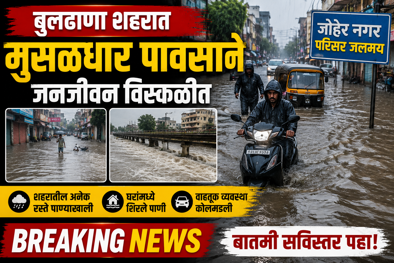 बुलढाण्यात पावसाने थैमान घातले! जोहर नगर पाण्याखाली, नागरिकांची मोठी गैरसोय