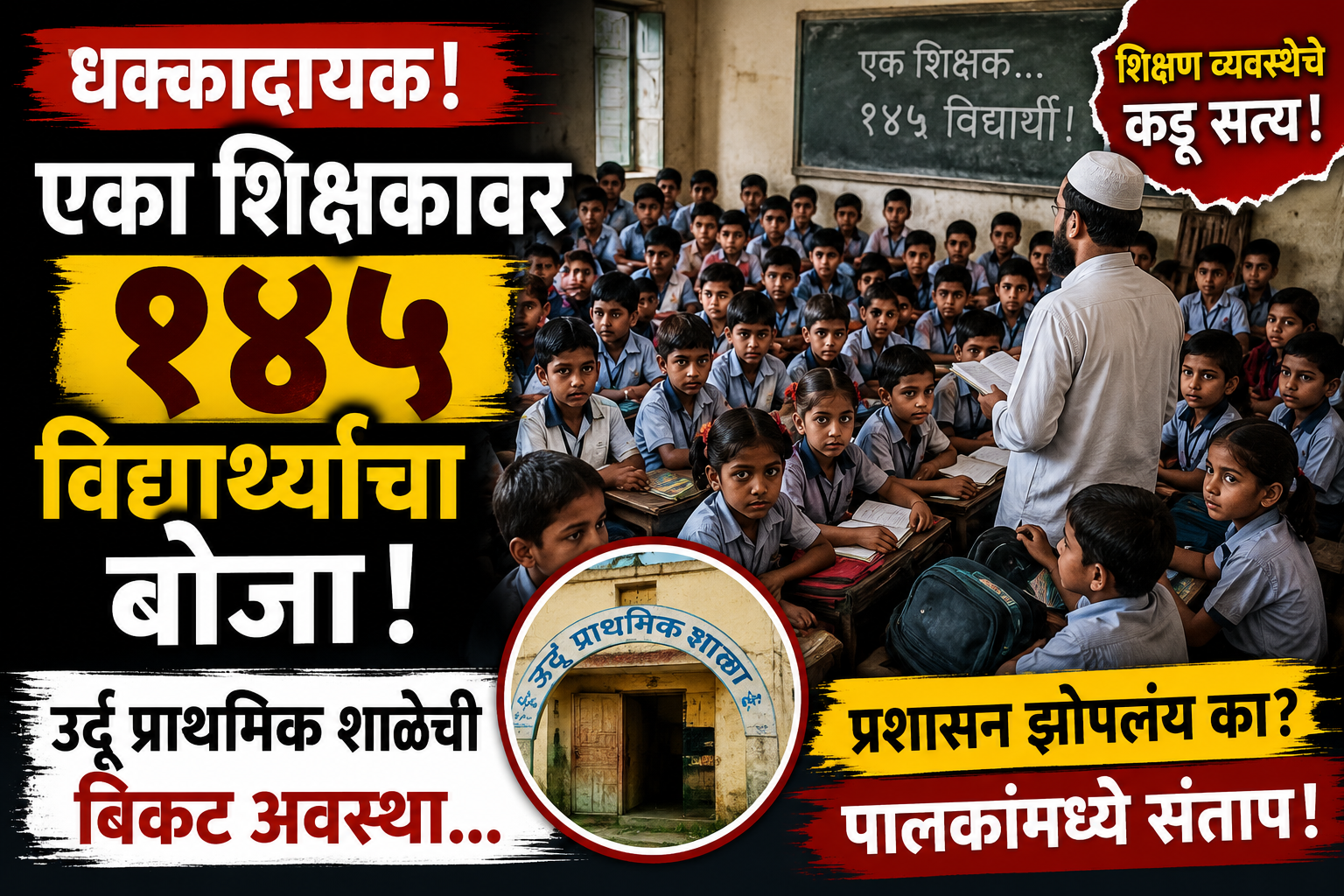 उर्दू प्राथमिक शाळेतील शिक्षण व्यवस्थेचे धक्कादायक वास्तव समोर आले आहे. शाळेत फक्त एका शिक्षकावर तब्बल १४५ विद्यार्थ्यांची जबाबदारी असल्याने विद्यार्थ्यांच्या शिक्षणावर गंभीर परिणाम होत असल्याची चिंता व्यक्त केली जात आहे. शिक्षकांची कमतरता, वाढता विद्यार्थ्यांचा भार आणि शिक्षणाच्या गुणवत्तेवर होणारा परिणाम यामुळे पालक आणि स्थानिक नागरिकांनी प्रशासनाकडे तातडीने अतिरिक्त शिक्षकांची नियुक्ती करण्याची मागणी केली आहे. या प्रकरणात नेमकं काय घडलं? प्रशासनाची भूमिका काय आहे? आणि विद्यार्थ्यांच्या भवितव्यावर याचा काय परिणाम होणार? जाणून घ्या या सविस्तर व्हिडिओमध्ये. 📺 महाराष्ट्रातील ताज्या, विश्वासार्ह आणि वेगवान बातम्यांसाठी G9 Maharashtra ला Subscribe करा.
