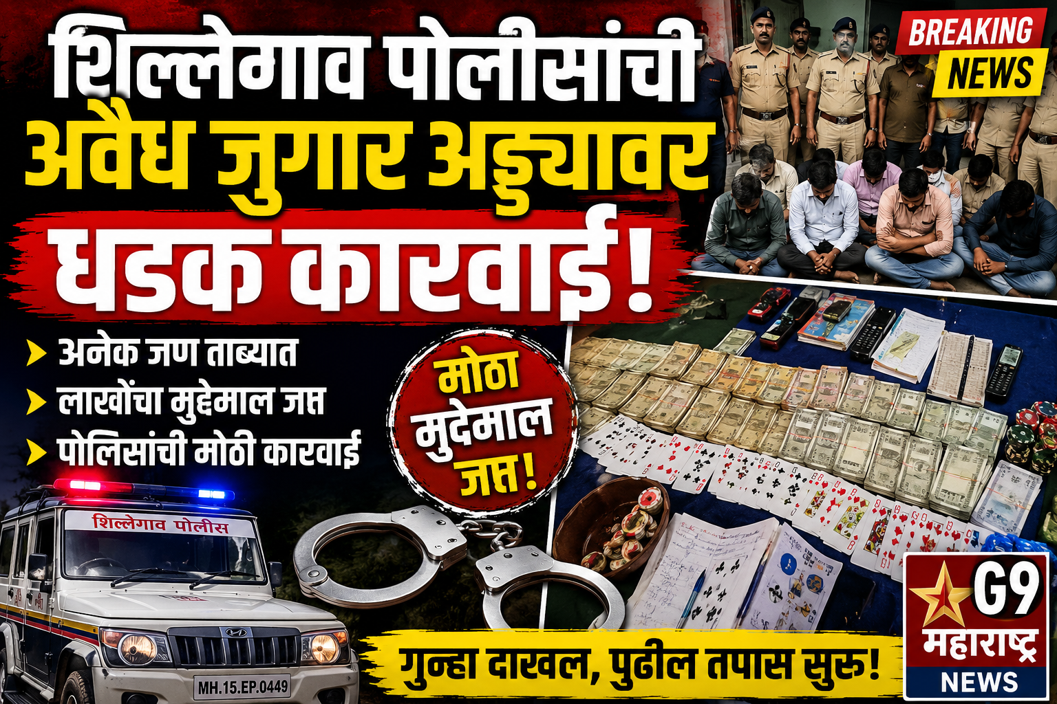 शिल्लेगाव पोलिसांची अवैध जुगार अड्ड्यावर धडक कारवाई! अनेक जण ताब्यात, लाखोंचा मुद्देमाल जप्त